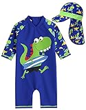 [Vaenait Baby] 0-24ヶ月UVカット ラッシュガードベビー子供男の子長袖ワンピース水着 Baby Surfing Dino S + Flap cap S