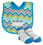 Stephan Baby Birthday Boy Embroidered 1st Birthday Bib and Bootie Socks Set, Blue Chevron Stripe by 