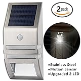 【2 PCS】HowFine Pure White Solar Wall Light, Bright Stainless Steel Motion Sensor Light, Wireless Imp