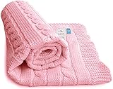 Wallaboo 100% Organic Cotton Sweater Knit Blanket Noa with Wide Ribbed Border, Pink by Wallaboo