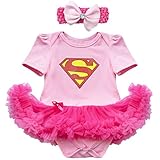 (フィーショー)FEESHOW　ベビーちゃん　スーパーマン風　超カワイイ半袖ワンピース　チュチュスカート　ベビー服　ワンピース風ロンパース　オシャレガール　新生児　0-9ヶ月　ヘアバンド付き　2点セッ