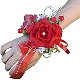Arlai 1パック、ブライダル手首コサージュ結婚式パーティープロムブライズメイドフラワーブレスレット diameter 3.54 inch レッド bfm024-red