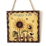 Zehui Wooden Door Plaque感謝祭" Happy Fall "ひまわり壁Doorplateホームバーカフェ装飾、15 x 5 x 0.5 CM