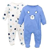AIKSSOO ベビー 2枚セット 長袖ロンパース 足付き 肌着 前開き 新生児 秋 冬 防寒 かわいい size 6-9M (ブルーのグループ)