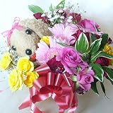 1061　【お祝い 母の日　誕生日】犬のマスコットとミニローズピンク系ミックスアレンジメント
