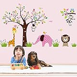 Animal World, Giraffe, Pink Elephant, Lion, Monkeys, Owls Are Having Fun Around the Colorful Tree, 1