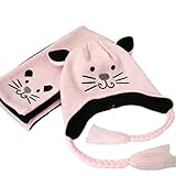 LeafIn ニット帽子 マフラー ２点セット 子供用 可愛い猫 耳付き 耳まであったか 秋冬 防寒 男女兼用 (S, ピンク)