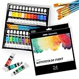 Ohuhu 水彩絵の具 24色 6本ペイントブラシ付き 透明水彩絵具 12ml 水彩風 チューブ スケッチ 水彩画 風景画 透明 鮮やか に