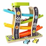 くるくるスロープ 木製スロープ 滑空車 4台セット ミニコースター 4つ軌道 駐車場付き Bajoy 大人も子供も楽しめる知育玩具 ルーピング ビーズコースター スロープトイ
