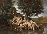 Oil painting ' Charles Emile Jacque、羊、について1930 '印刷on Perfect effectキャンバス、30 x 41インチ/ 76 x 105 cm、子供最