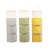 3個壁掛け収納袋、ドアクロゼット防水リネンコットン生地オーガナイザー、3ポケット付き、バスルームの寝室用