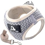 Lil&Fam 犬 ハーネス 胴輪 リードセット 身体に優しい 反射材付き メッシュ 小型犬 中型犬 猫 (ベージュ×グレー, Mサイズ)