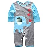 ベビー　女の子　男の子　長袖　ロンパース　かわいい　象　ジラフ　図案　子供秋服　カバーオール　男女兼用 (100, ブルー+グレー)