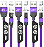 (株)アトラス マグネット充電ケーブル 1m x 3本 セット (紫) 3A 急速充電 データ転送/マグネット端子 ：MicroUSB, Type-C/端子ケース付き/アンドロイド スマートフォン用