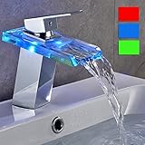 Rovate LEDガラスバスルームシンク蛇口、RBG 3色変更ライトWaterfall注ぎ口1つ1つ手穴Mixeタップシンク/蛇口デッキマウントon、ポリッシュクローム。。。 シルバー RVT102