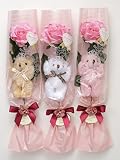 【Present Bear】 1輪くま束 アソート3本セット　ティアラ付くま1匹と薔薇の造花1輪　安心品質の国内製作 (プリンセスピンク)