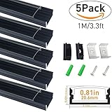LightingWill LEDアルミチャンネルUタイプ 3.3 Ft/1M 20mm以下5050　3528　LEDライト用　カバー　エンドキャップなどの付属品が付き　ブラックチャンネル透明色カバーU