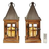 Set of 2 Dover Rustic Tin Wooden Lantern with Warm White LED Ivory Candle, Batteries Included, Remot