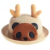【SEBLES】キッズ 麦わら 帽子 パンダ 角 赤ちゃん キャップ 日よけ 動物 夏 ゴム ひも付き ブラウン 57