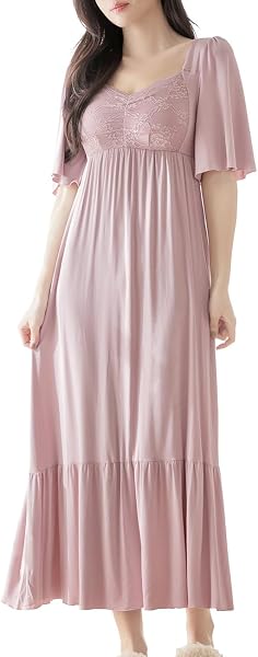 Tu-Hacci Nightgown with Built-in Bra, Short Sleeves, Long Length, Non-Wired, Cup Included, Maternity, Nursing, Pre-and-Postnatal, Loungewear, Pajamas, Roomwear 8819 - 1