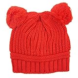 Plus Nao(プラスナオ) 子供用 帽子 ニット帽 ボンボン付き リブニット 手編み風 ニットキャップ 赤ちゃん ベビー シンプル 無地 冬帽子 - レッド