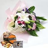 誕生日プレゼント 花 母親 祖母 神戸・芦屋アンリ・シャルパンティエ 焼き菓子詰合せ ＆ ユリの花束（ピンク）