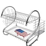 ステンレス製食器棚2段、キッチン用食器棚ドレーナーラックホルダードレンラック食器乾燥ラック USA、古い栄光をテーマにした愛国的なイラストが描かれたアメリカ合衆国の3Dマップ、ピンクホワイトグリーンステンレス製食器棚キッチンドライドリップト