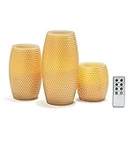 Set of 3 Honeycomb Carvedワックスフレイムレスキャンドル、8関数リモート、電池付属 LC003690
