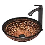 VIGO Golden Greek Glass Vessel Bathroom Sink and Linus Vessel Faucet with Pop Up, Antique Rubbed Bro