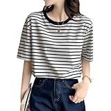 [LIUXU] ｔシャツ レディース 半袖 ボーダー 夏ｔシャツ クルーネック 綿 カジュアル 快適 可愛い カットソー ストライプ (M, ネイビーブルー)