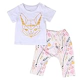 2PCS ベビー キッズの狐プリント 半袖 Tシャツ 花パンツ 服セット (5-6歳)