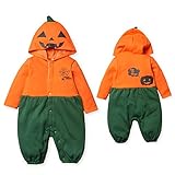 (オレンジ/70cm)ベビー服 男の子 女の子 カバーオール 着ぐるみ 長袖 裏シャギー ストレッチ カボチャ パンプキン ジャックオーランタン ハロウィン フード付 プリント 男児 女児 ベビー