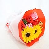 【スーパーサマーセール！】 Newひまわりブーケ　フレグランスソープフラワー　12輪　クリアバック・ギフトボックス付　お祝い　記念日　お見舞い　バレンタインデー　ホワイトデー　母の日　　 (レッド)