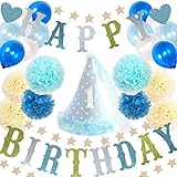 baby-mine (ベイビーマイン) 豪華24点セット 誕生日 飾りつけ ガーランド ぽんぽん 風船 ペーパーフラワー デコレーションセット SNS撮影用 100日記念 1歳 2歳 3歳 (ブルーセ