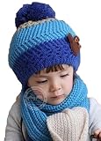 配色が かわいい ニット帽 マフラー セット 子供 キッズ (ブルー×スカイブルー)