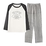 [IDOHEMO] パジャマ レディース 部屋着 ルームウェア 寝間着服 綿100% カットソー tシャツ 上下セット 春 秋 冬 ブラックチェック M