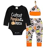 女の子 ベビー服　Karchi 　長袖 　　ハロウィン　カボチャ飾り　3点上下セット　カジュアル　上着＋パンツ＋帽子　70　80　90　100　　シンプル　秋冬　カバーオール 可愛い (70, 黒)