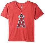 MLB Los Angeles AngelsレディースチームショートスリーブVネックTシャツのロゴ、2 x、レッド/ヘザー