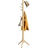 IBUYKE ウッドコートラック自立型、玄関ホールツリーコートツリー、8フック付き調節可能なコートツリー、家庭用またはオフィス用衣類、スカーフ、ハンドバッグ、ナチュラルカラーJPRF-1193