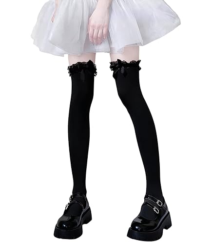 Amazon.co.jp: レースリボン ニーハイ ソックス (黒) スクール