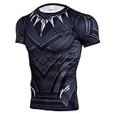 スーパーヒーロー 3D スリムフィット 速乾性 ストレッチ スポーツ コスプレ Tシャツ (XL, Black Panther 半袖)