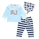 ベビー服　男の子 象 長袖 ラグラン袖 Tシャツ＆クロス パンツ　セット +帽子 (90 (9-12M))