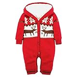 MNBS　ベビー服 キッズ服　クリスマス　鹿 雪花　可愛い 子供　ニットキルト　ボーダー前開き　長袖　カバーオール セーター 女の子 男の子　レッド　66cm