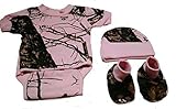 ピンクMossy Oak Camo 3 Pcベビーセット内容一致するおむつシャツ, Hat & Booties カラー: ピンク