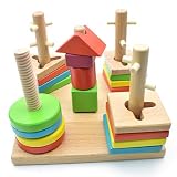 Wooden Rainbow Stacker, Brilliant Basics Stacking Ring,5-different Rings [並行輸入品]