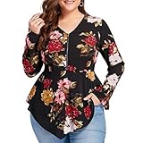 ieasonレディースプラスサイズプリント長袖ジッパーVネックシフォントップスブラウス 2XL ブラック