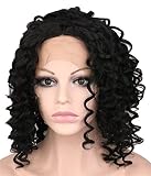 Dagly(TM) 女性の耐熱性繊維手作りのレースフロントウィッグショート黒キンキーカーリーナチュラルヘアラインフルウィッグ、ストレッチ長さ12インチ