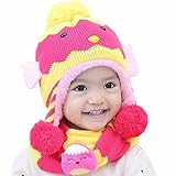 ニット帽子とマフラー 二点セット キッズ 鳥模様 ベビー 赤ちゃん 幼児 可愛い 厚手 起毛 偽装 記念撮影 帽子 ネックウォーマー (ローズ)