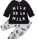 （ルノン）Lunon ベビー 子供服 長袖 長ズボン 上下 セット 綿 素材 ロゴ プリント T-シャツ (90, MILK　ブラック)