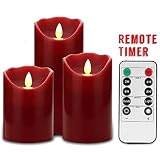 Honeyall Flameless Candles 4" 5" 6" Set, 3 Burgundy Color Real Wax Pillars LED Candles include Reali
